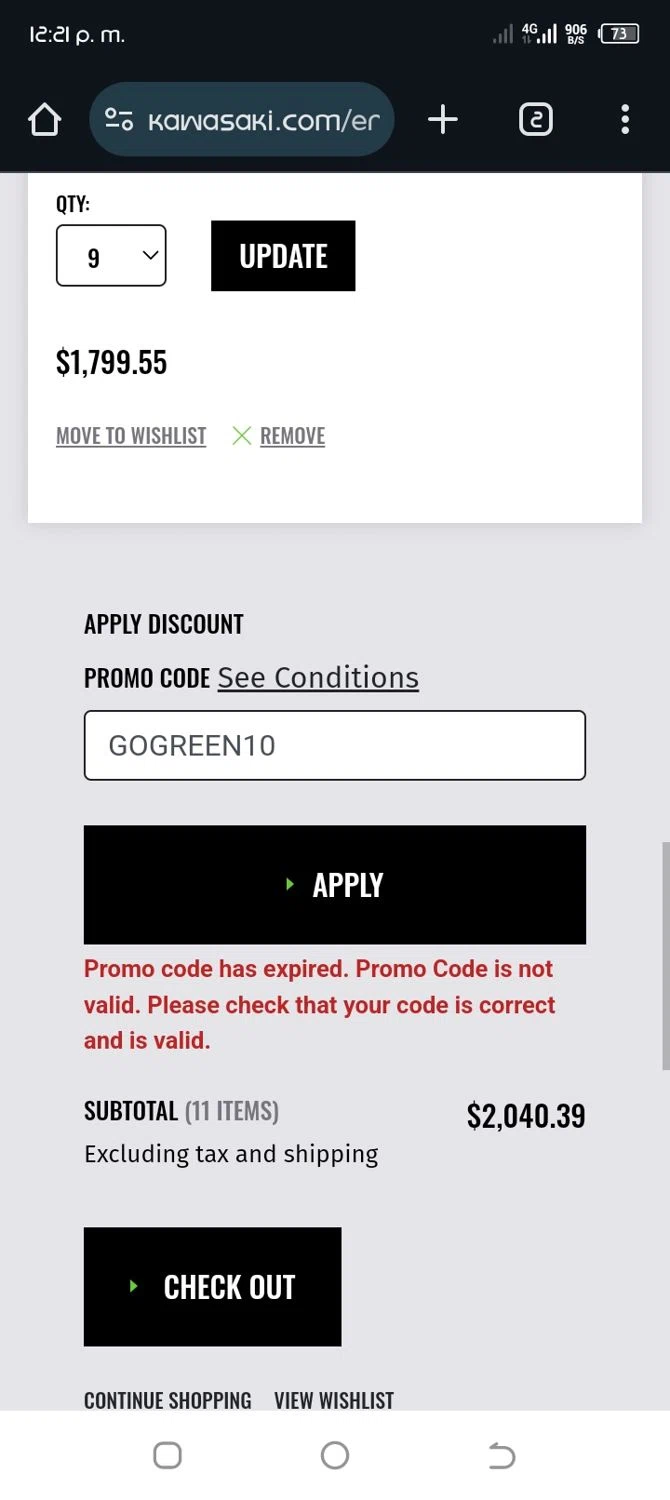 Kawasaki promo code screenshot showing code GOGREEN10 applied at Kawasaki checkout page. Uploaded by SimplyCodes community member CleverWhiz2265 on Jan 13, 2025