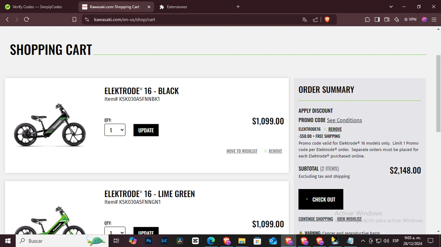 Kawasaki checkout page showing Kawasaki promo code box | Screenshot taken by SimplyCodes community member on Dec 28, 2024
