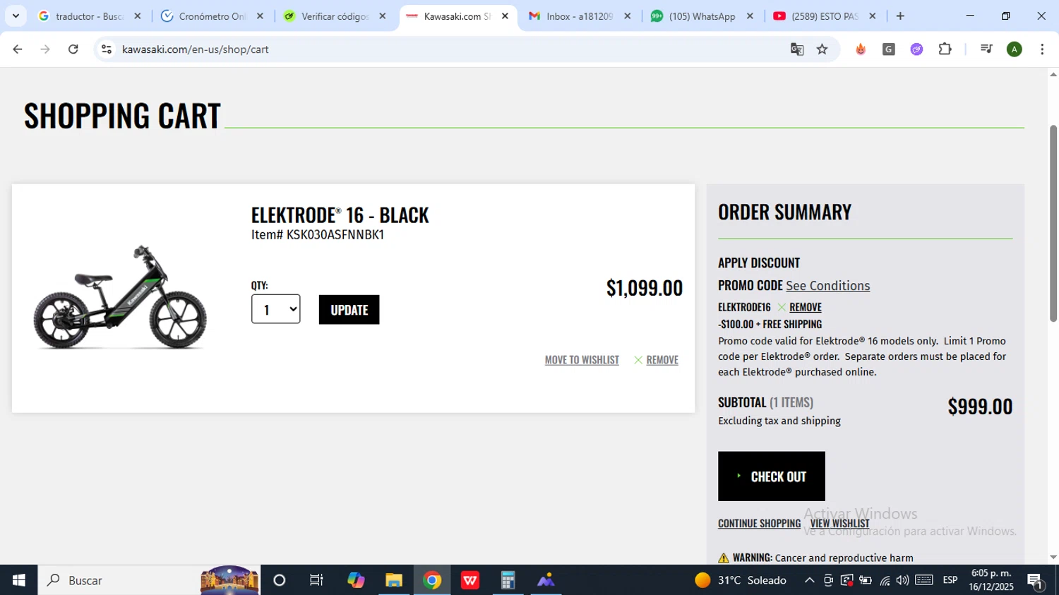 Kawasaki promo code screenshot showing code ELEKTRODE16 applied at Kawasaki checkout page. Uploaded by SimplyCodes community member ThriftyTitan2381 on Dec 16, 2025