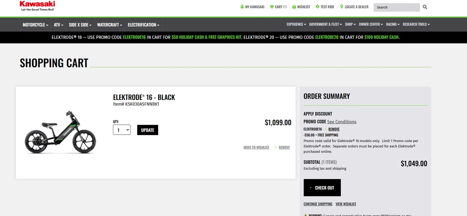 Kawasaki checkout page showing Kawasaki promo code box | Screenshot taken by SimplyCodes community member on Dec 28, 2024