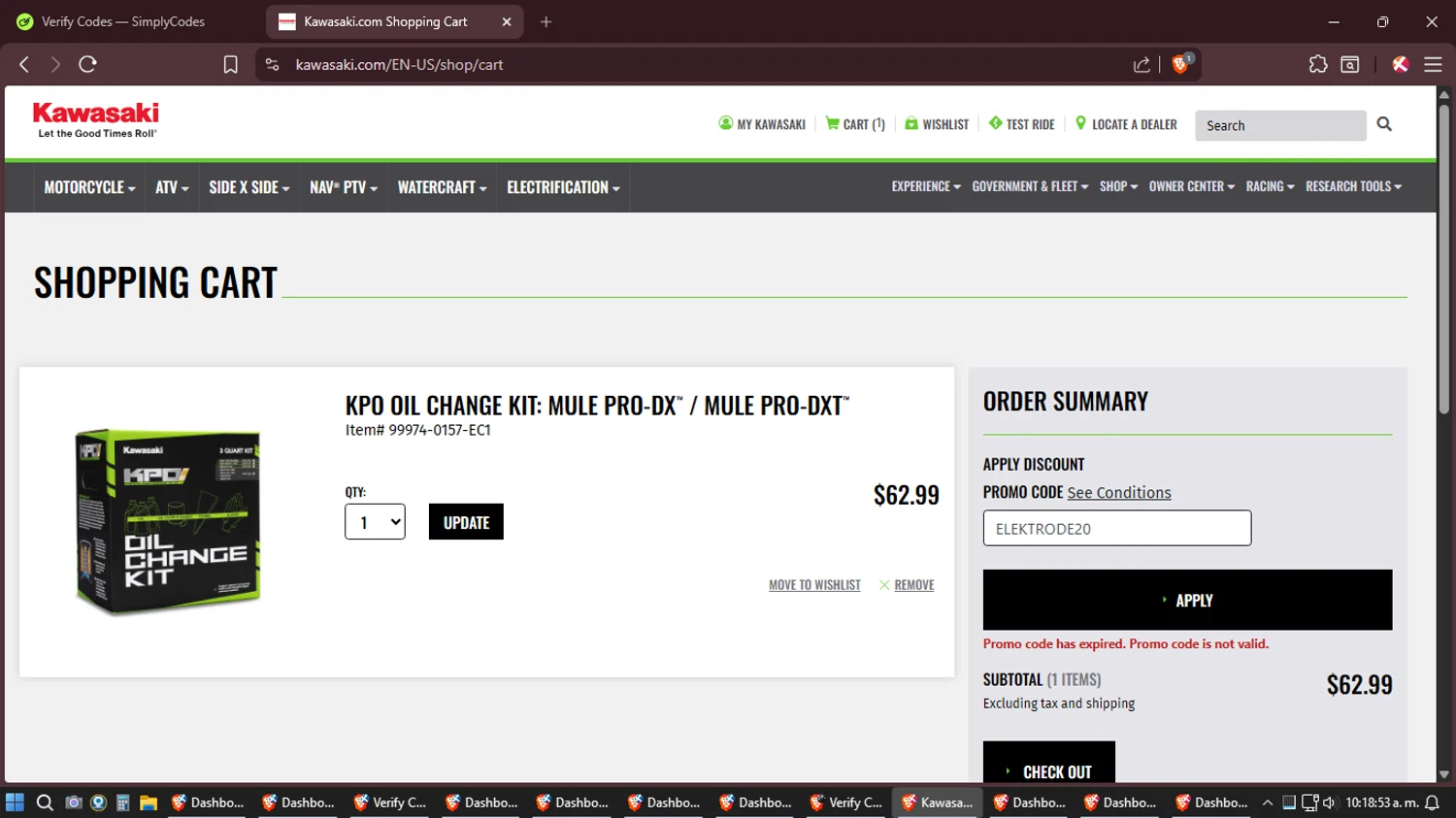 Kawasaki promo code screenshot showing code ELEKTRODE20 applied at Kawasaki checkout page. Uploaded by SimplyCodes community member Shizuku on Feb 12, 2026