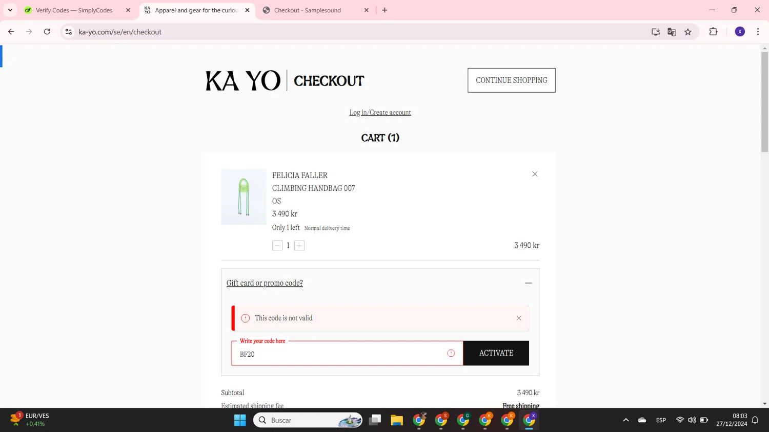 KA-YO promo code screenshot showing code BF20 applied at KA-YO checkout page. Uploaded by SimplyCodes community member LewisHamilton on Dec 27, 2024