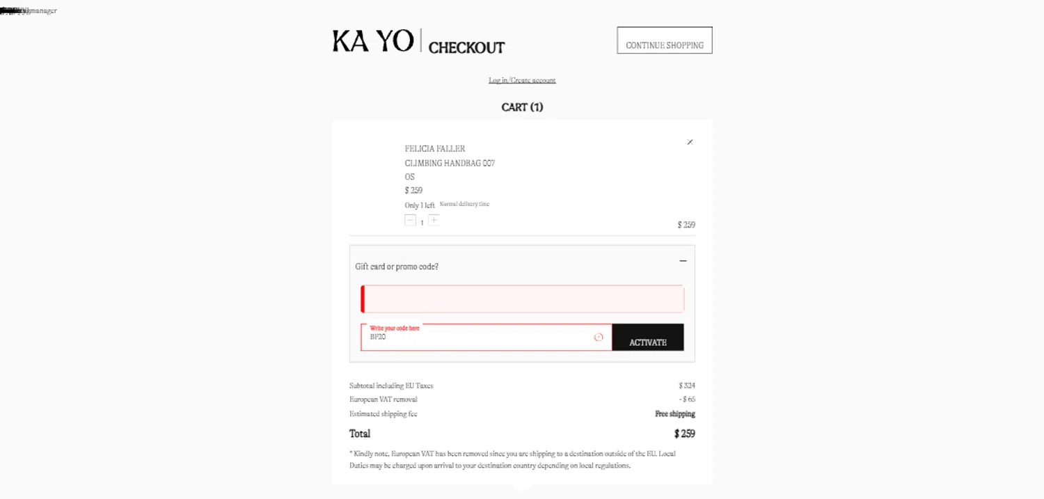 KA-YO promo code screenshot showing code BF20 applied at KA-YO checkout page. Uploaded by SimplyCodes community member CodeGuardian5312 on Dec 27, 2024