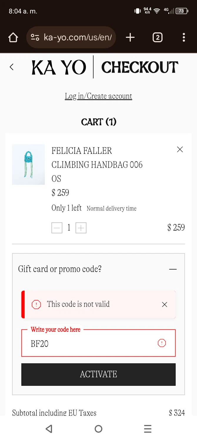 KA-YO promo code screenshot showing code BF20 applied at KA-YO checkout page. Uploaded by SimplyCodes community member Vanmanuel on Dec 27, 2024