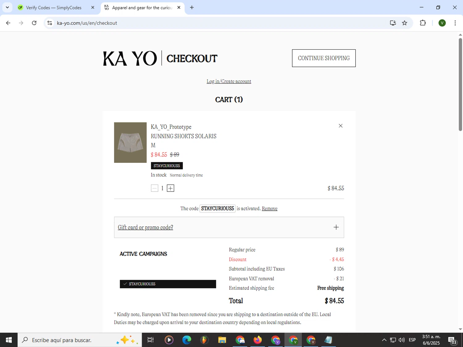 KA-YO promo code screenshot showing code STAYCURIOUS5 applied at KA-YO checkout page. Uploaded by SimplyCodes community member PrimeWizard4168 on Jun 6, 2025