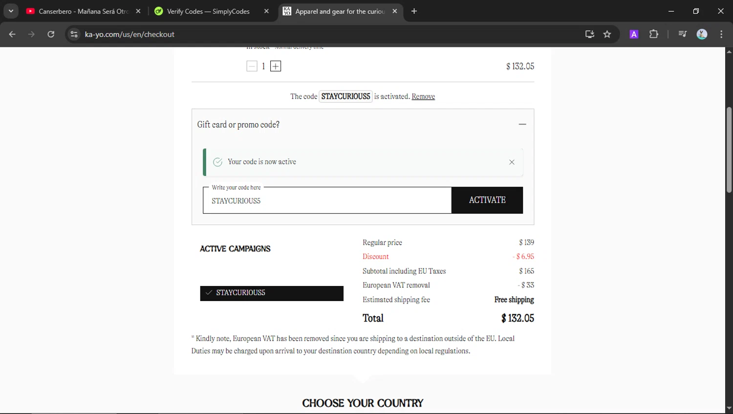 KA-YO promo code screenshot showing code STAYCURIOUS5 applied at KA-YO checkout page. Uploaded by SimplyCodes community member SilverSeeker255 on Jun 24, 2025