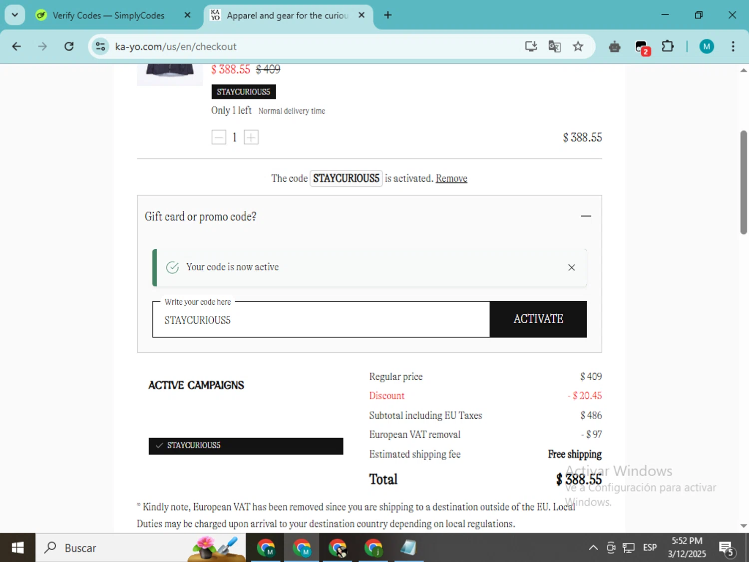 KA-YO checkout page showing KA-YO promo code box | Screenshot taken by SimplyCodes community member on Mar 12, 2025