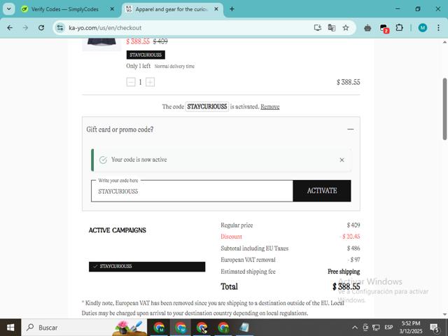 KA-YO checkout page showing KA-YO promo code box | Screenshot taken by SimplyCodes community member on Mar 12, 2025