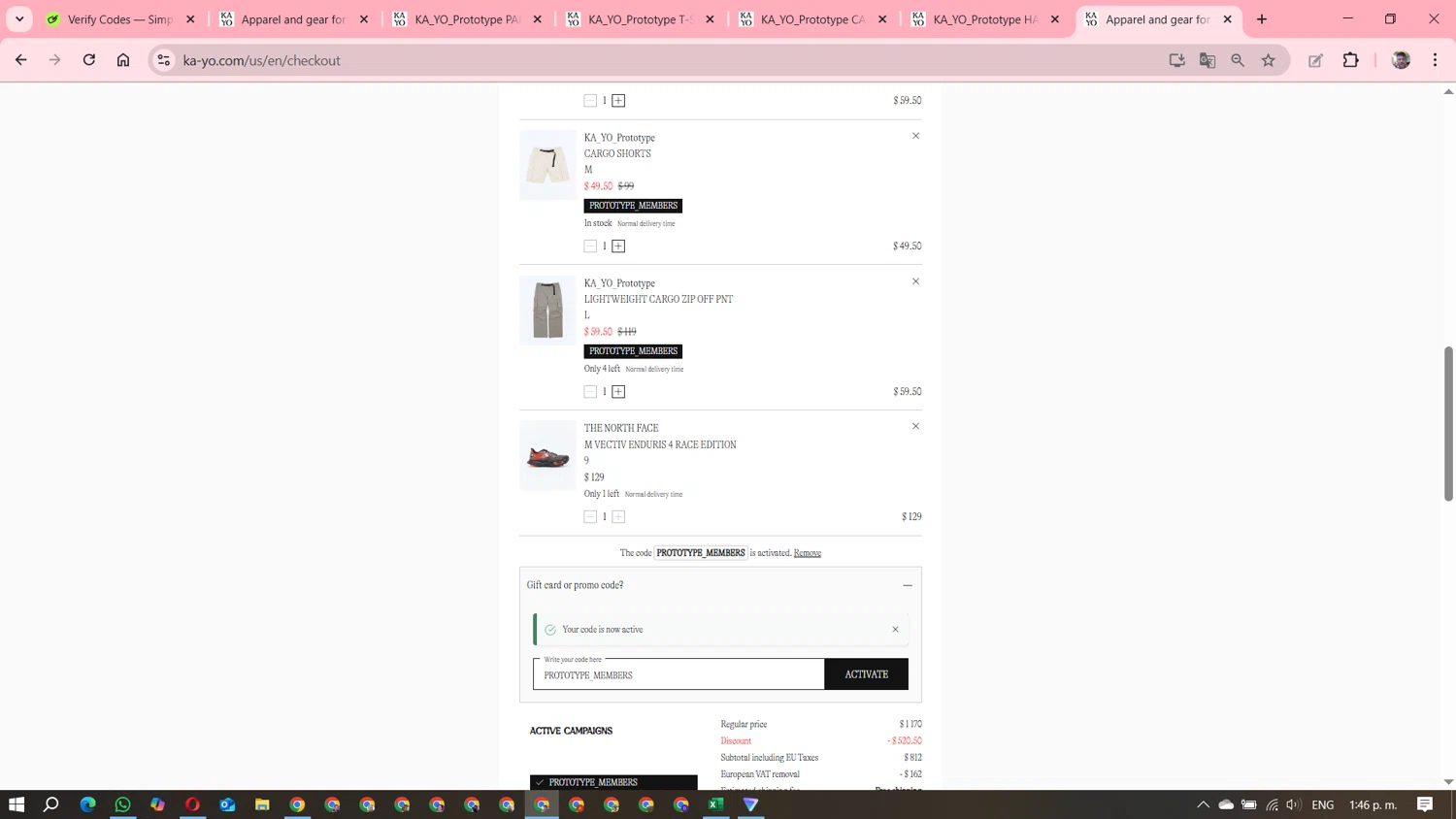 KA-YO promo code screenshot showing code PROTOTYPE_MEMBERS applied at KA-YO checkout page. Uploaded by SimplyCodes community member DavGutFig on Sep 5, 2025