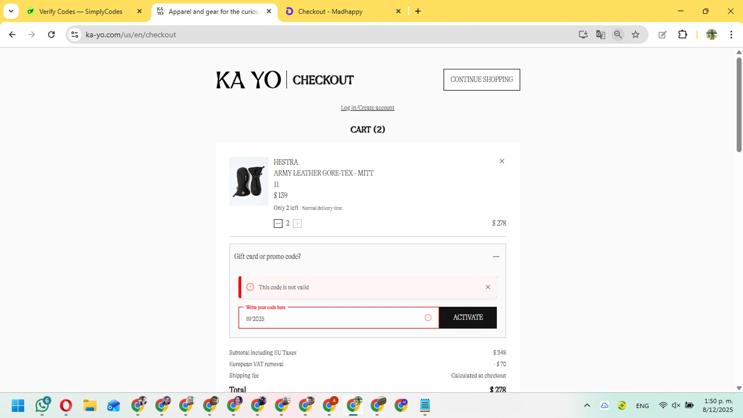 KA-YO promo code screenshot showing code BF2025 applied at KA-YO checkout page. Uploaded by SimplyCodes community member FundoSinai on Dec 8, 2025