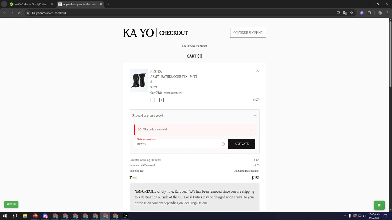 KA-YO promo code screenshot showing code BF2025 applied at KA-YO checkout page. Uploaded by SimplyCodes community member eeeeeeeeeeeeeeeeeeeeee on Dec 8, 2025