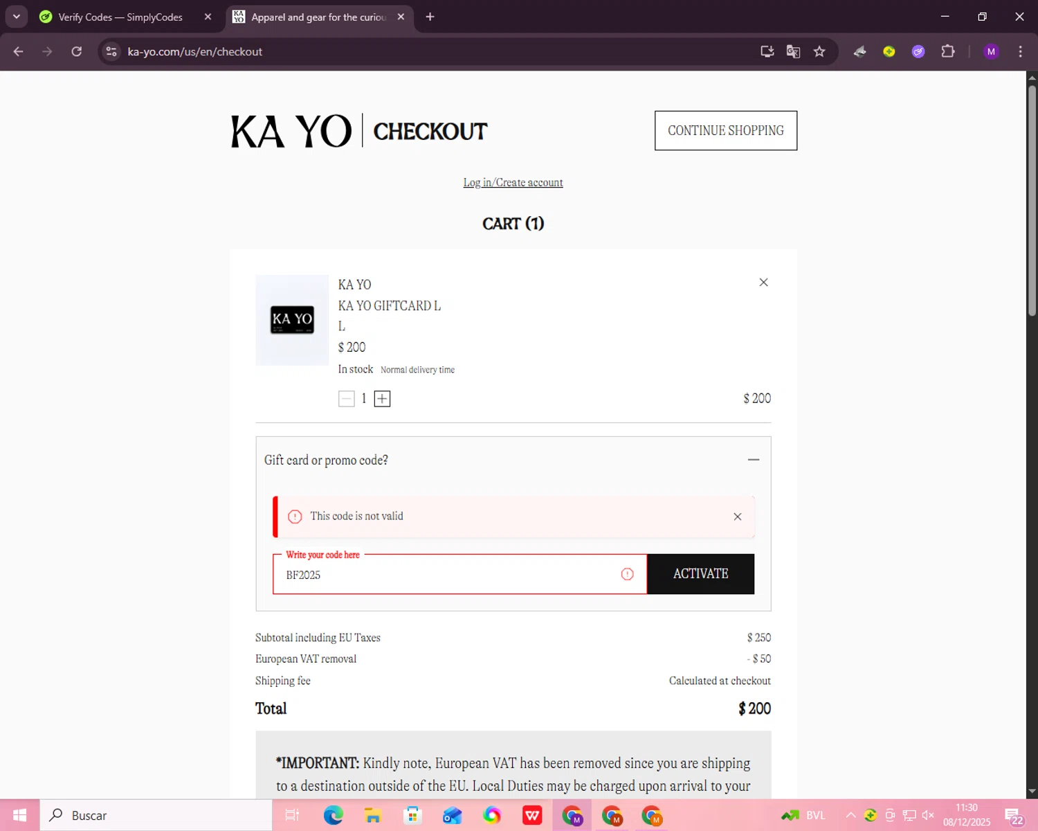 KA-YO promo code screenshot showing code BF2025 applied at KA-YO checkout page. Uploaded by SimplyCodes community member malumabby on Dec 8, 2025