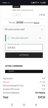 QUICK20 coupon verification screenshot