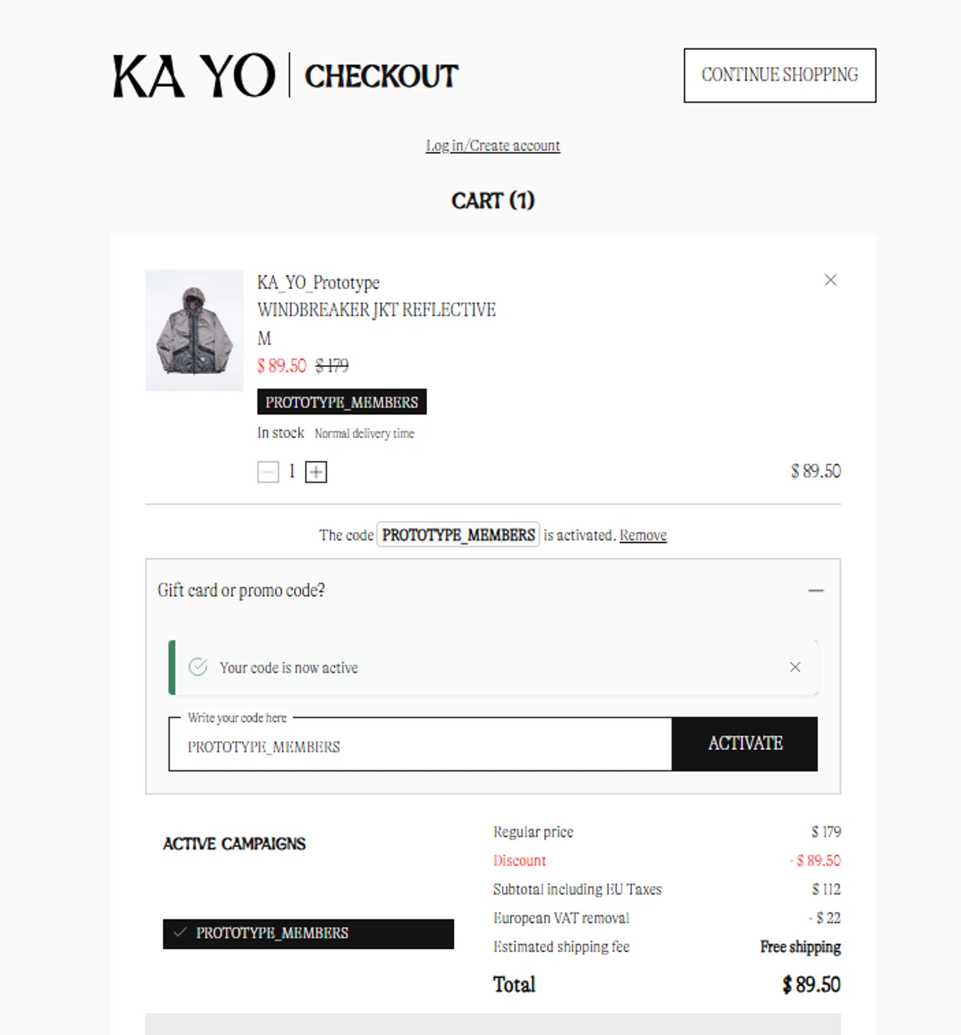 KA-YO promo code screenshot showing code PROTOTYPE_MEMBERS applied at KA-YO checkout page. Uploaded by SimplyCodes community member OnlywM on Sep 5, 2025