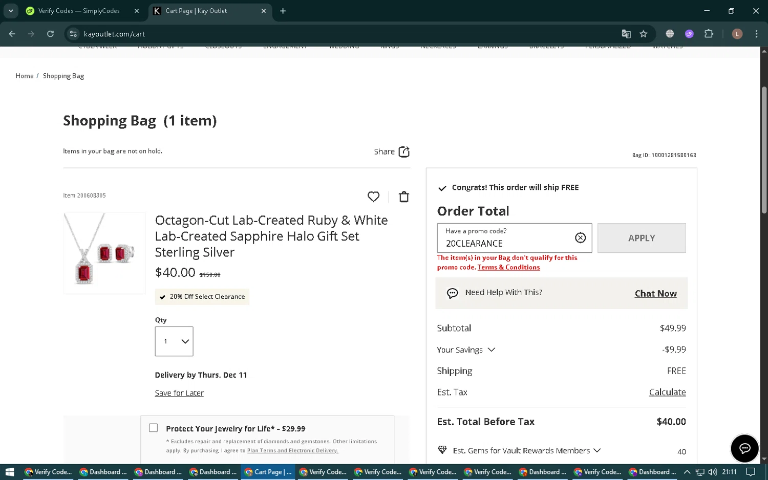 KayOutlet promo code screenshot showing code 20CLEARANCE applied at KayOutlet checkout page. Uploaded by SimplyCodes community member BrilliantTiger9986 on Dec 6, 2025
