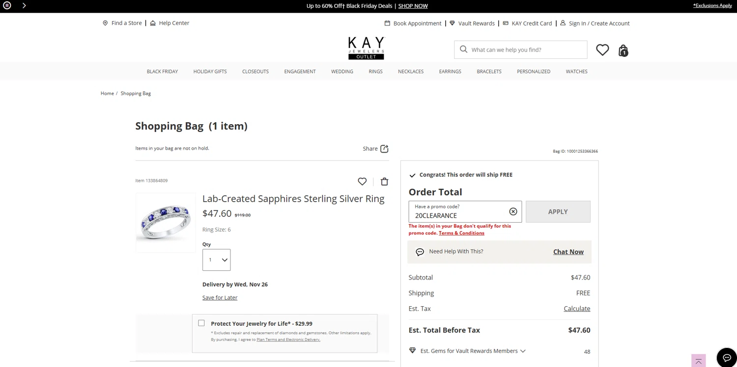 KayOutlet promo code screenshot showing code 20CLEARANCE applied at KayOutlet checkout page. Uploaded by SimplyCodes community member DealOwl558 on Nov 22, 2025