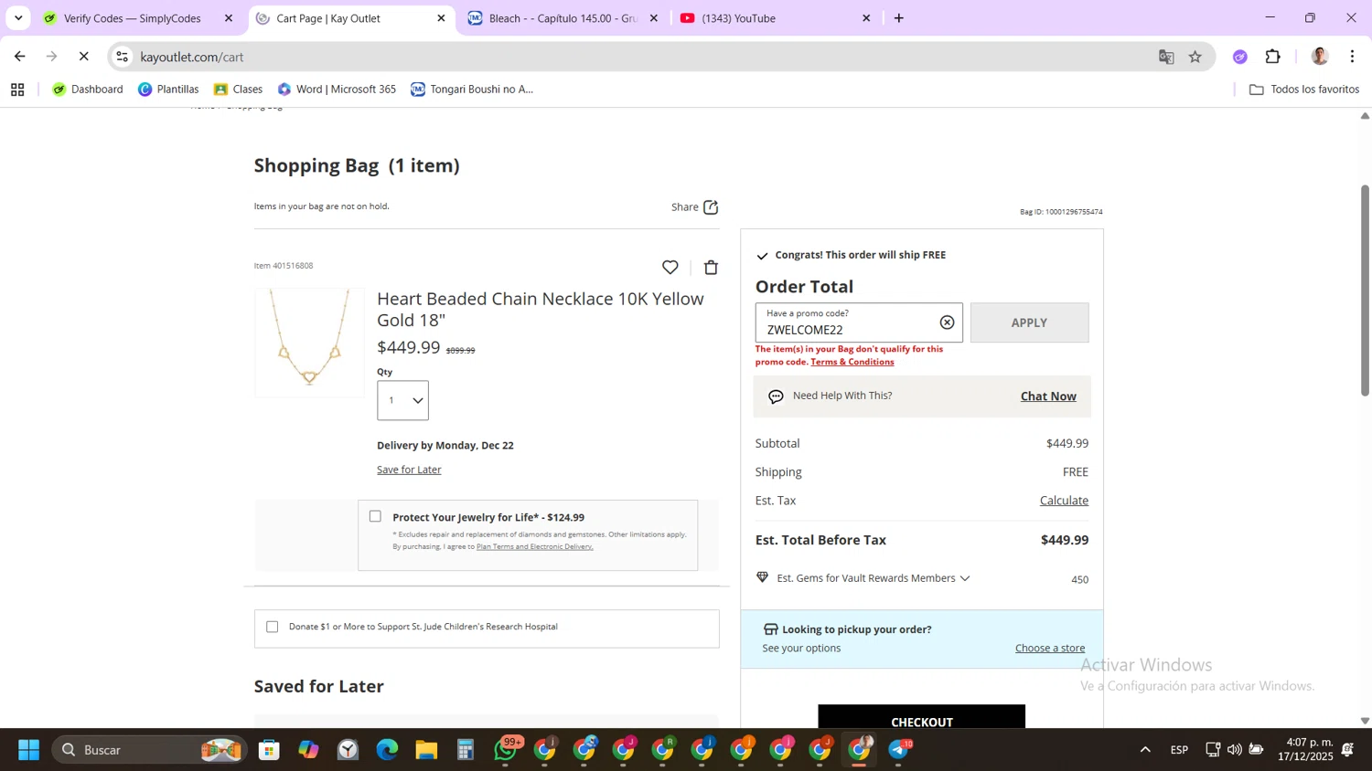 KayOutlet promo code screenshot showing code ZWELCOME22 applied at KayOutlet checkout page. Uploaded by SimplyCodes community member FernandoLetex on Dec 17, 2025