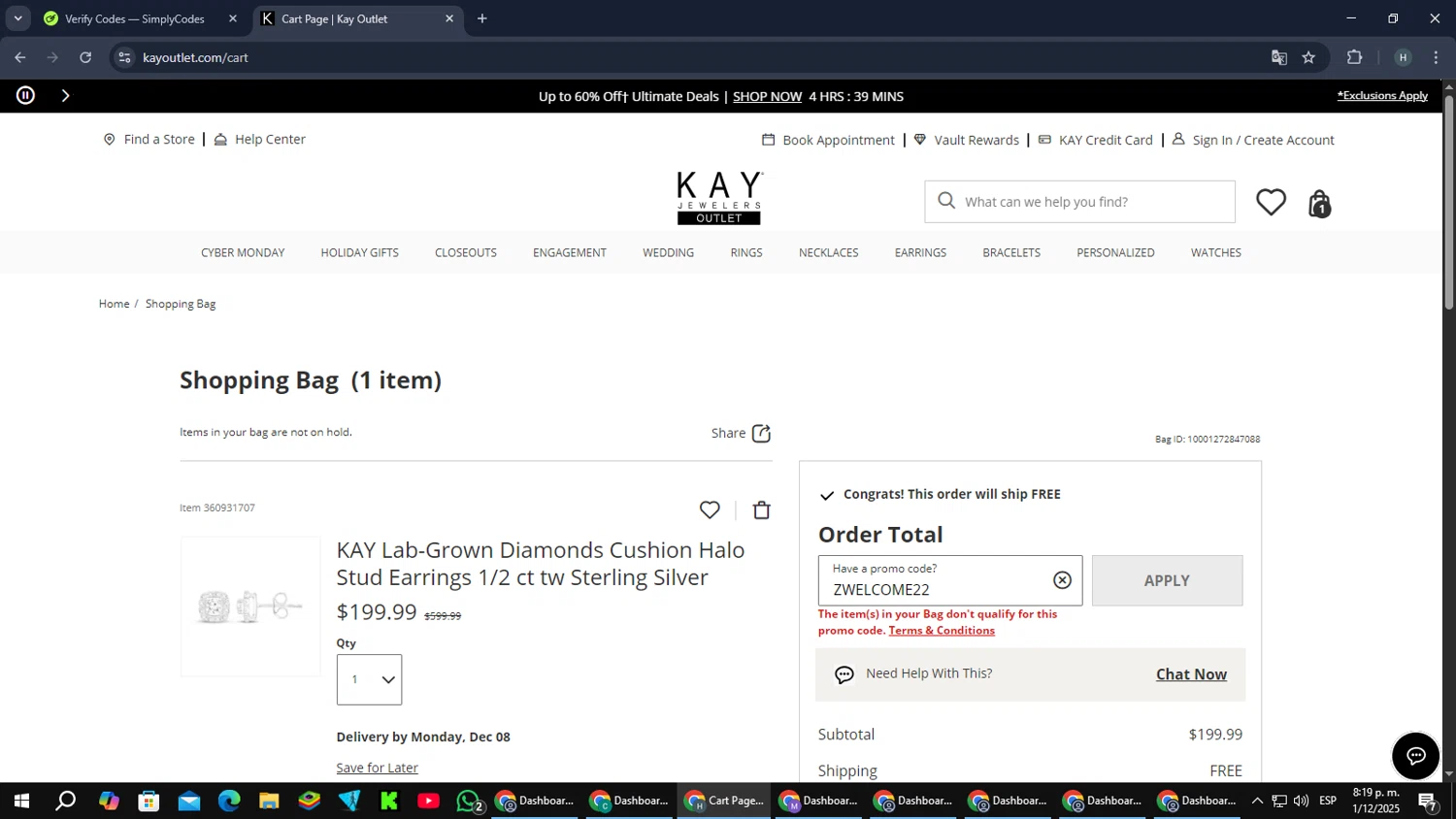 KayOutlet promo code screenshot showing code ZWELCOME22 applied at KayOutlet checkout page. Uploaded by SimplyCodes community member PromoScout8746 on Dec 2, 2025