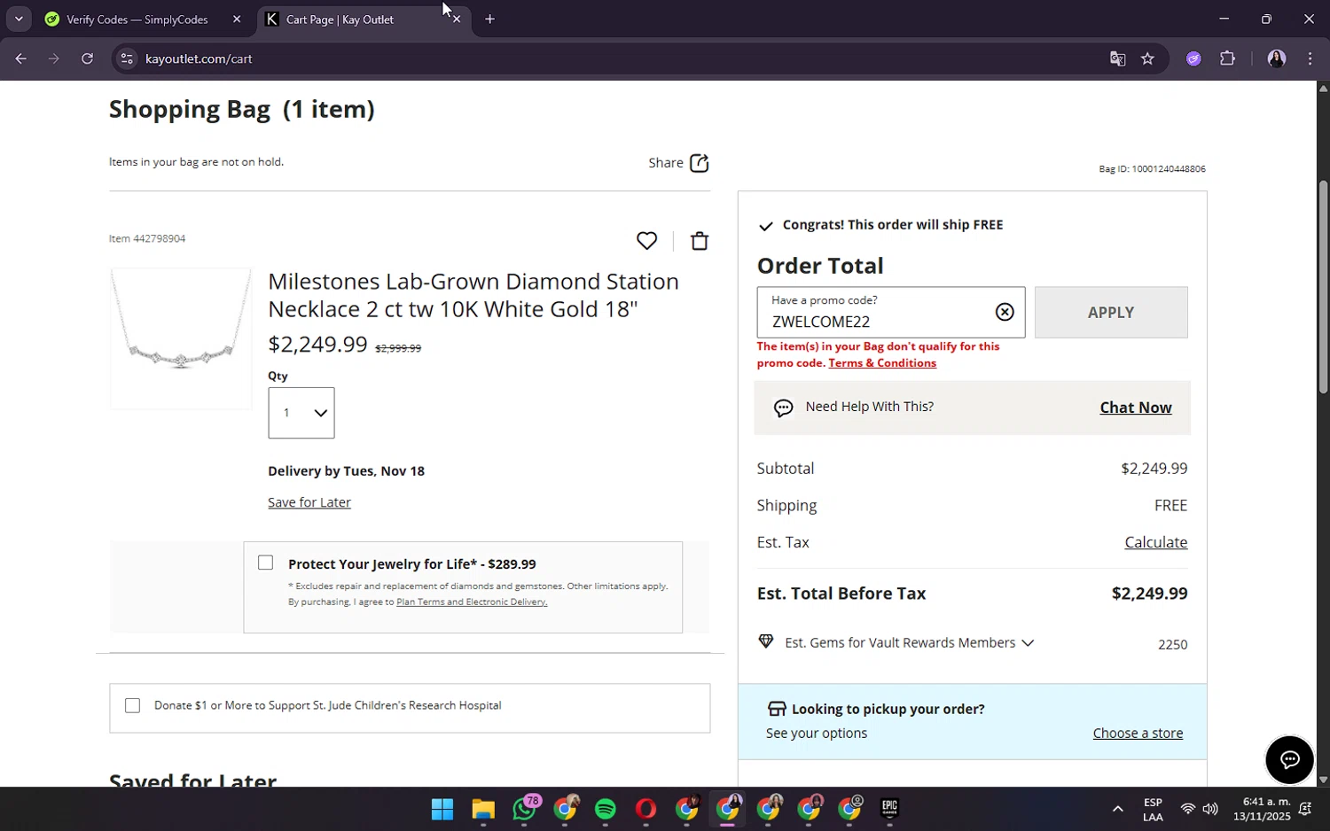 KayOutlet checkout page showing KayOutlet promo code box | Screenshot taken by SimplyCodes community member on Nov 13, 2025