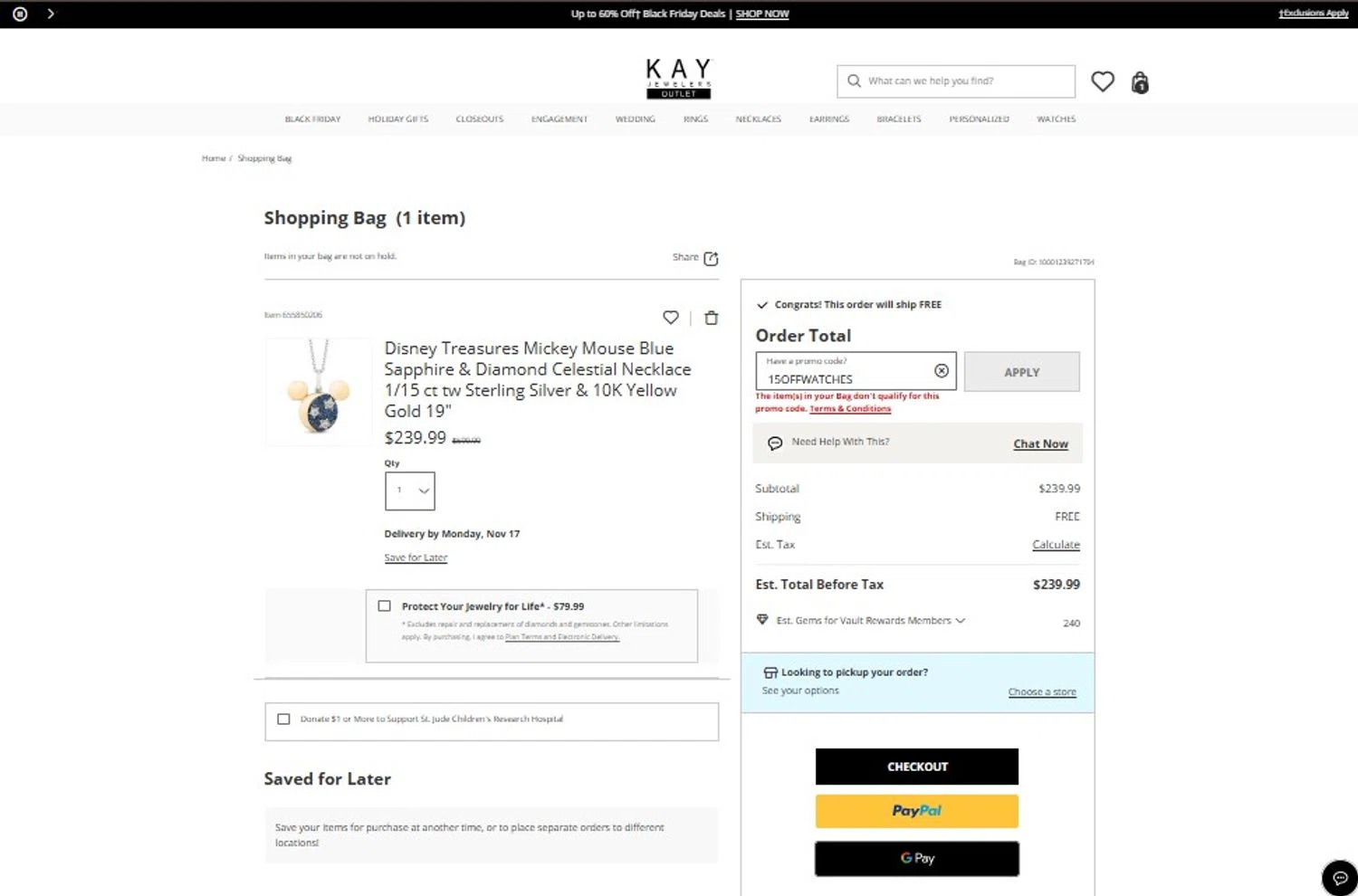KayOutlet promo code screenshot showing code 15OFFWATCHES applied at KayOutlet checkout page. Uploaded by SimplyCodes community member MagnificentCollector7829 on Nov 12, 2025