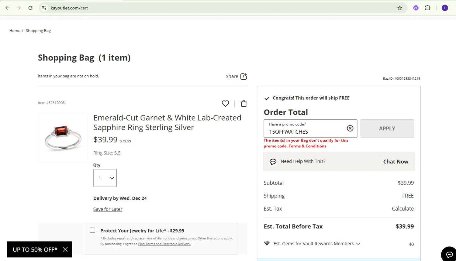 KayOutlet promo code screenshot showing code 15OFFWATCHES applied at KayOutlet checkout page. Uploaded by SimplyCodes community member richard007 on Dec 11, 2025