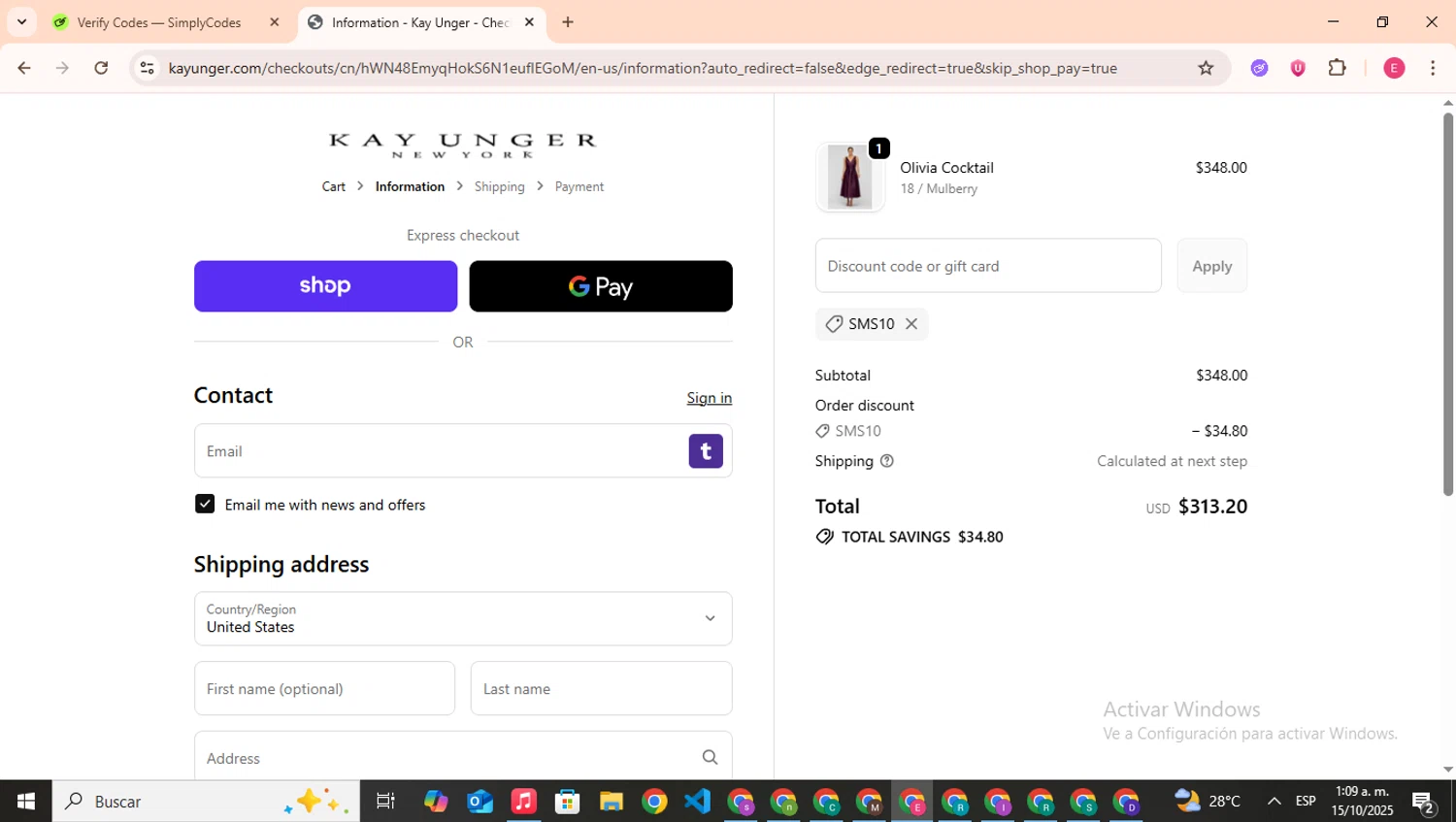 Kay Unger discount code screenshot showing code SMS10 applied at Kay Unger checkout page. Uploaded by SimplyCodes community member CouponHero7312 on Oct 15, 2025