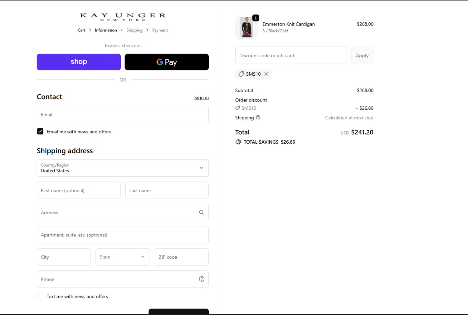 Kay Unger discount code screenshot showing code SMS10 applied at Kay Unger checkout page. Uploaded by SimplyCodes community member Locura on Oct 11, 2025