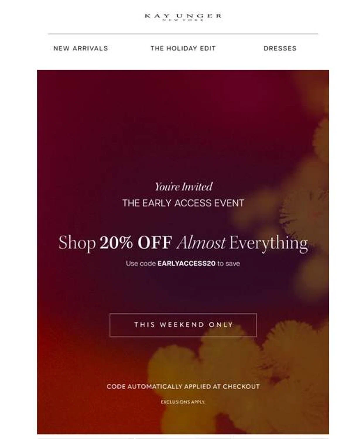 Kay Unger discount code screenshot showing code EARLYACCESS20 applied at Kay Unger checkout page. Uploaded by SimplyCodes community member stygian1 on Nov 14, 2025
