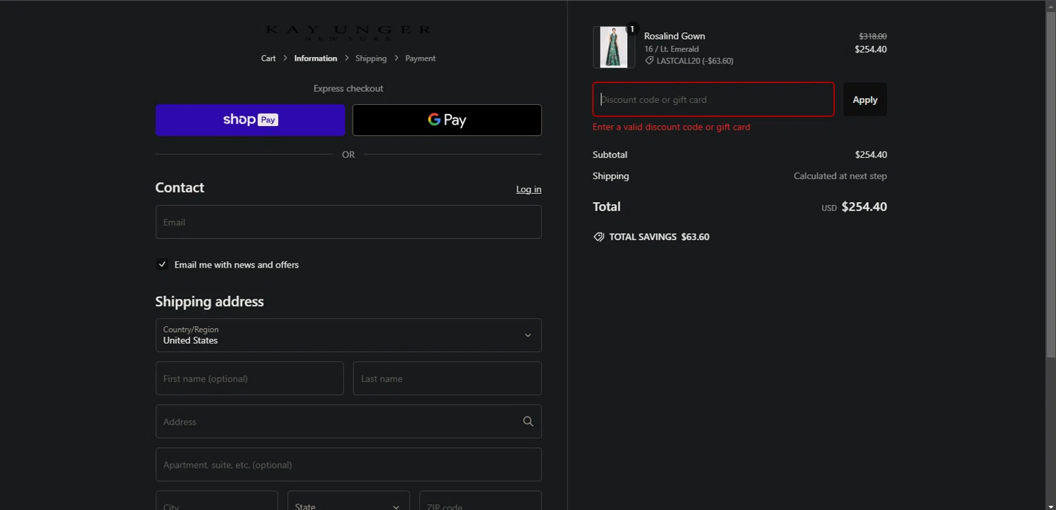 Kay Unger discount code screenshot showing code LASTCALL20 applied at Kay Unger checkout page. Uploaded by SimplyCodes community member Nor_man on Dec 31, 2024