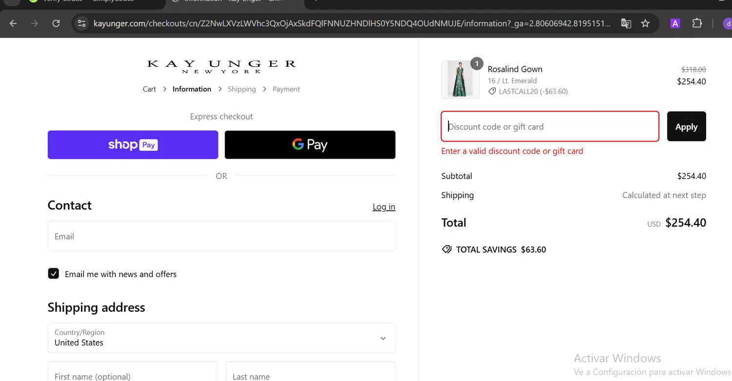 Kay Unger discount code screenshot showing code LASTCALL20 applied at Kay Unger checkout page. Uploaded by SimplyCodes community member CoinOwl5103 on Dec 31, 2024