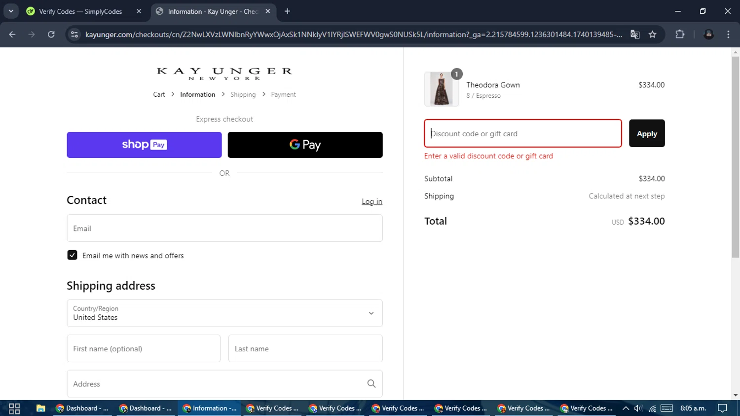 Kay Unger discount code screenshot showing code SNOWDAY applied at Kay Unger checkout page. Uploaded by SimplyCodes community member ValueElite5945 on Feb 21, 2025