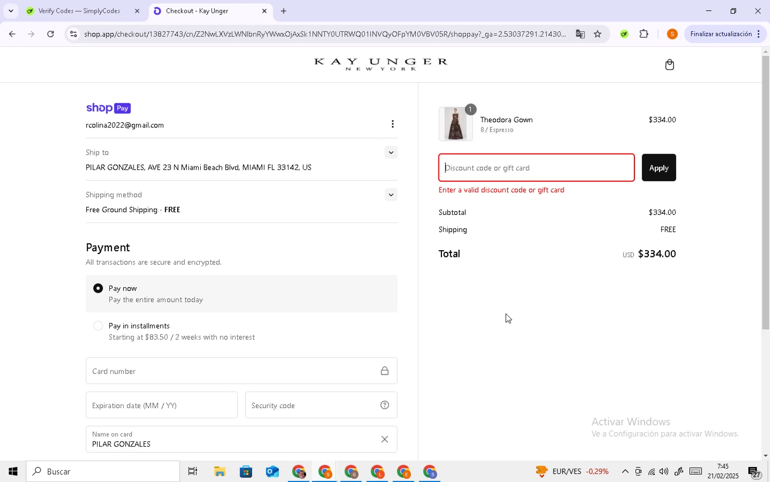Kay Unger discount code screenshot showing code SNOWDAY applied at Kay Unger checkout page. Uploaded by SimplyCodes community member ExtraordinaryScholar417 on Feb 21, 2025
