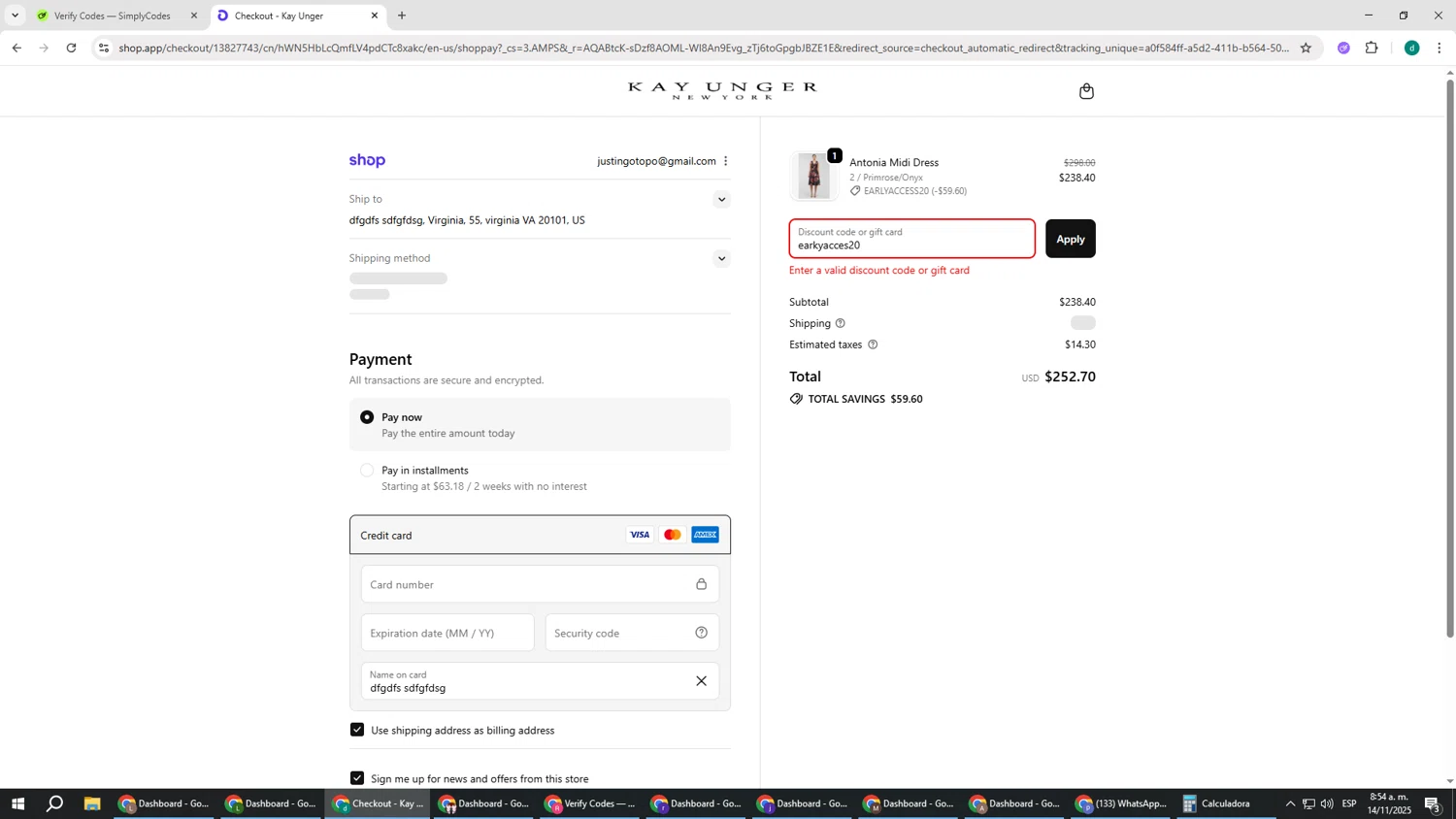 Kay Unger discount code screenshot showing code earkyacces20 applied at Kay Unger checkout page. Uploaded by SimplyCodes community member HEROESCUDA on Nov 14, 2025