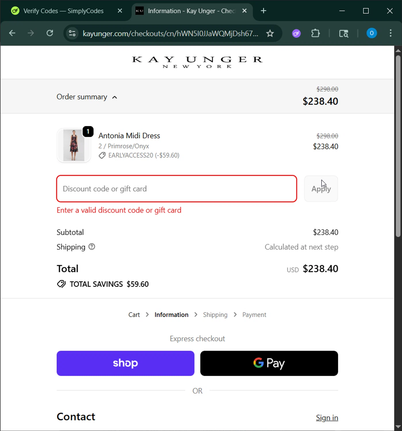 Kay Unger discount code screenshot showing code earkyacces20 applied at Kay Unger checkout page. Uploaded by SimplyCodes community member RoyalSage9159 on Nov 14, 2025