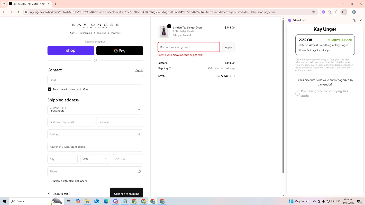 Kay Unger discount code screenshot showing code EARLYACCESS20 applied at Kay Unger checkout page. Uploaded by SimplyCodes community member ELChasis on Nov 14, 2025