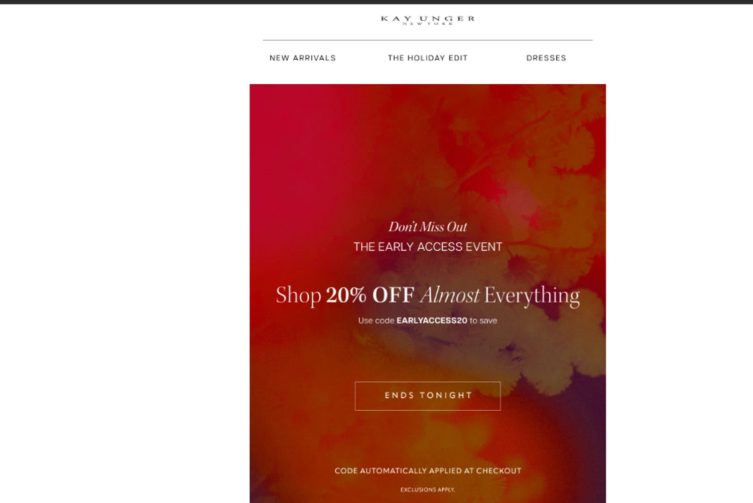 Kay Unger discount code screenshot showing code earlyaccess20 applied at Kay Unger checkout page. Uploaded by SimplyCodes community member YISUZZ on Nov 16, 2025