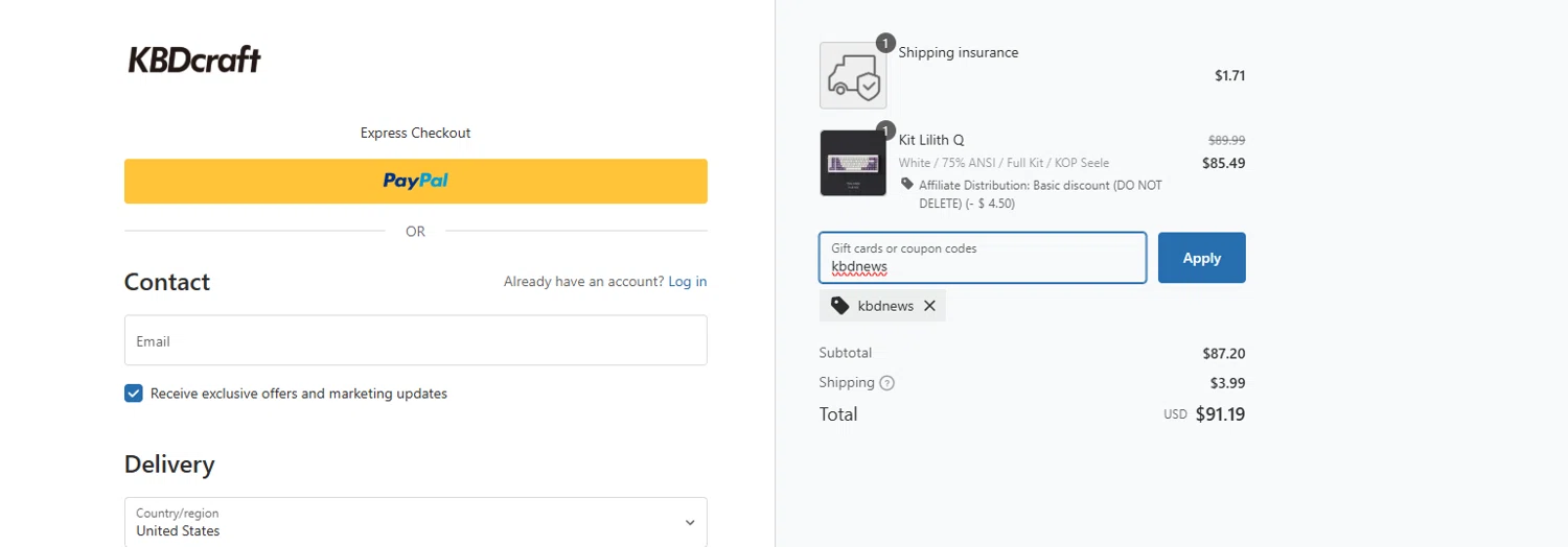 KBDcraft discount code screenshot showing code kbdnews applied at KBDcraft checkout page. Uploaded by SimplyCodes community member NobleExpert7669 on Feb 9, 2025