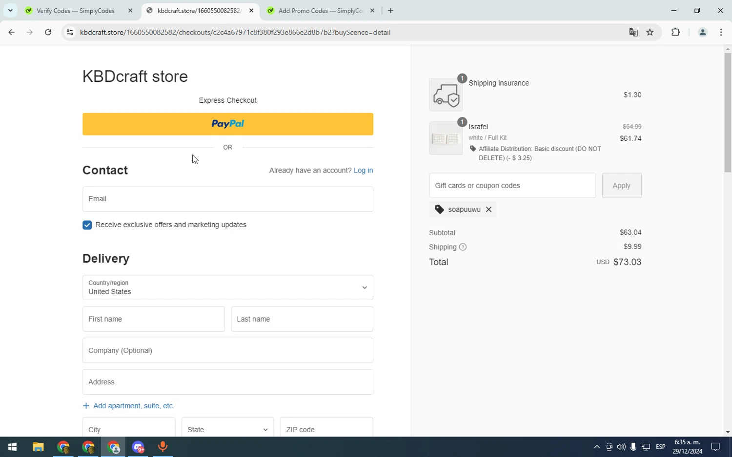 KBDcraft discount code screenshot showing code soapuuwu applied at KBDcraft checkout page. Uploaded by SimplyCodes community member asdasdasd on Dec 29, 2024