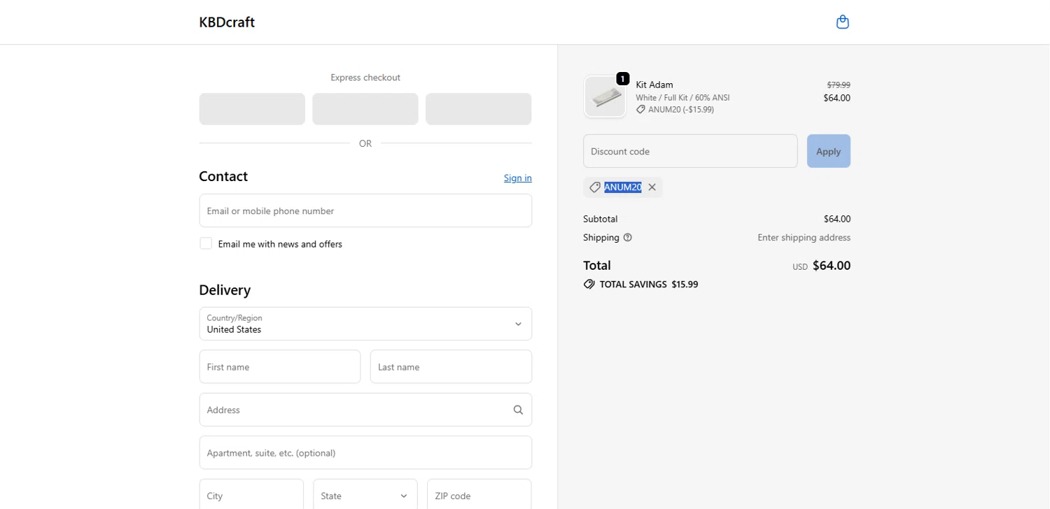 KBDcraft discount code screenshot showing code ANUM20 applied at KBDcraft checkout page. Uploaded by SimplyCodes community member Alydrop on Nov 9, 2025