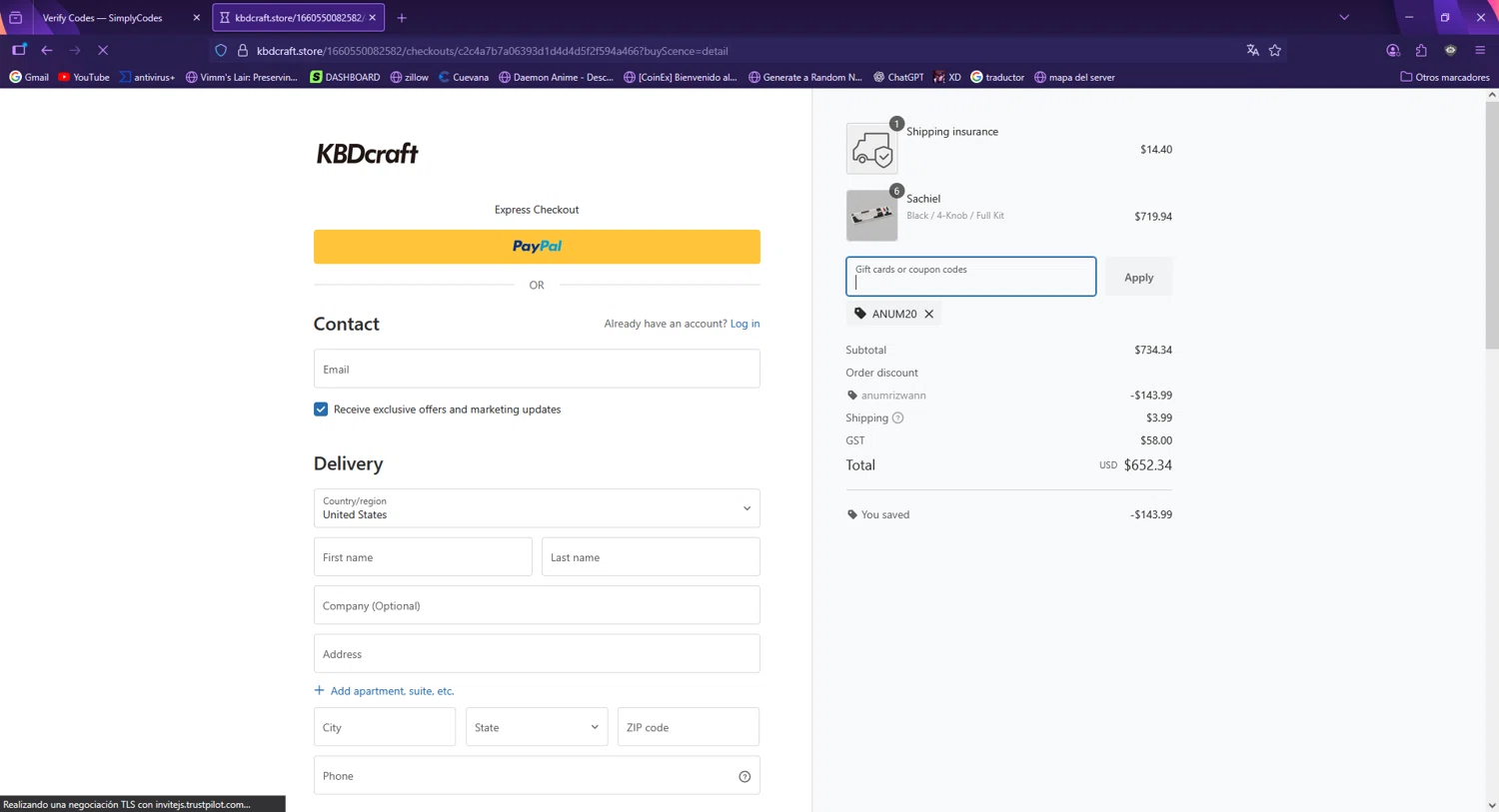 KBDcraft discount code screenshot showing code ANUM20 applied at KBDcraft checkout page. Uploaded by SimplyCodes community member SilverWizard1305 on Sep 12, 2025