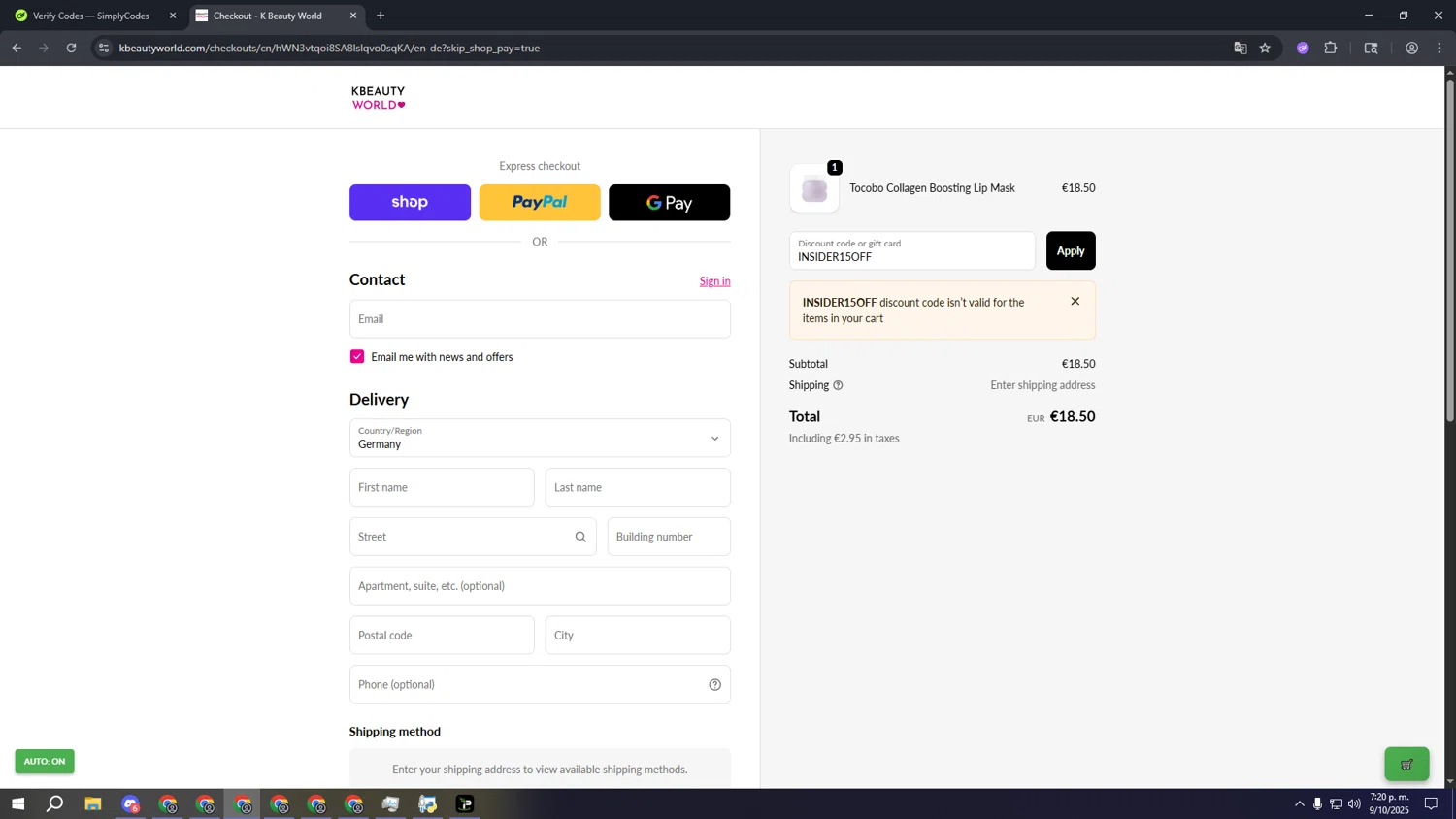 K Beauty World promo code screenshot showing code INSIDER15OFF applied at K Beauty World checkout page. Uploaded by SimplyCodes community member kagarruta on Oct 9, 2025