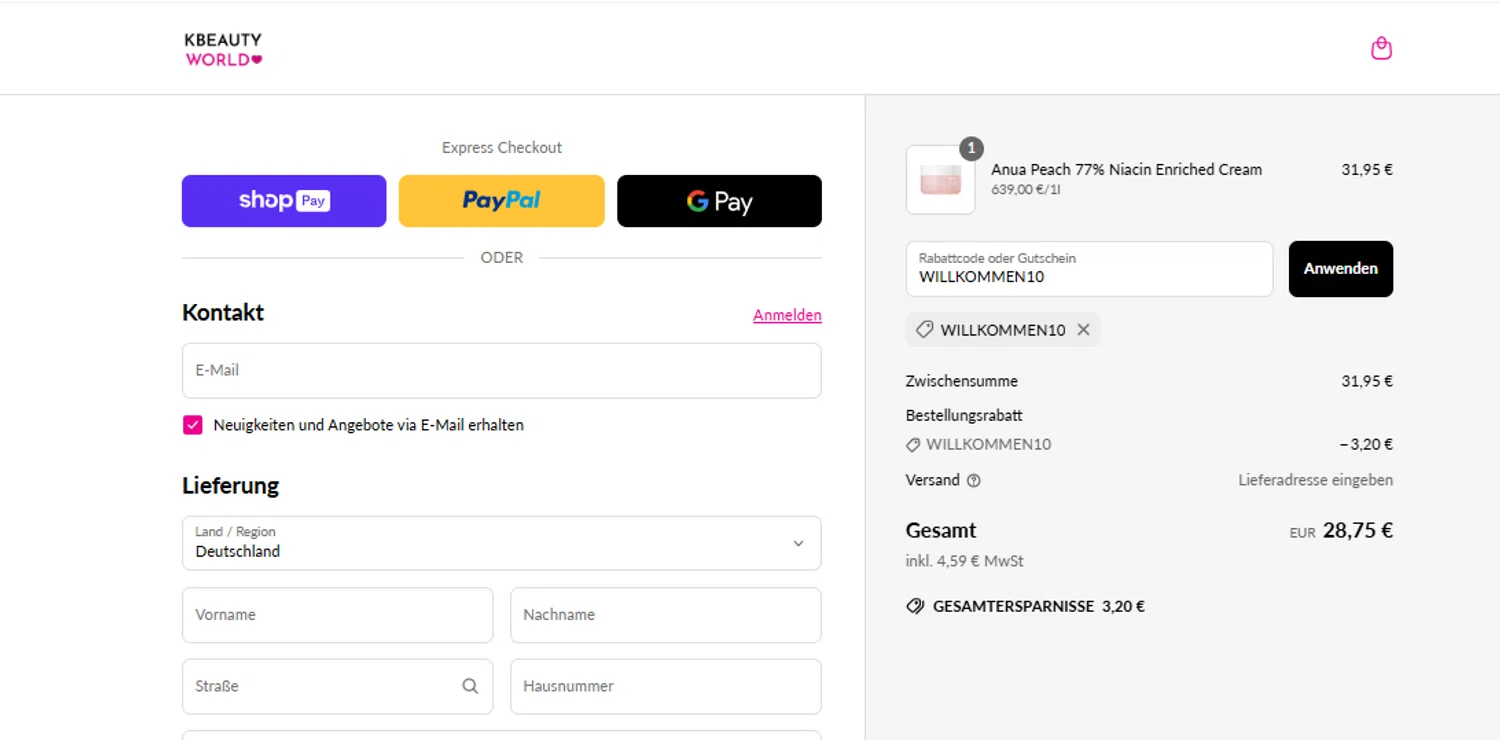K Beauty World promo code screenshot showing code WILLKOMMEN10 applied at K Beauty World checkout page. Uploaded by SimplyCodes community member CleverWhiz2265 on Apr 6, 2025