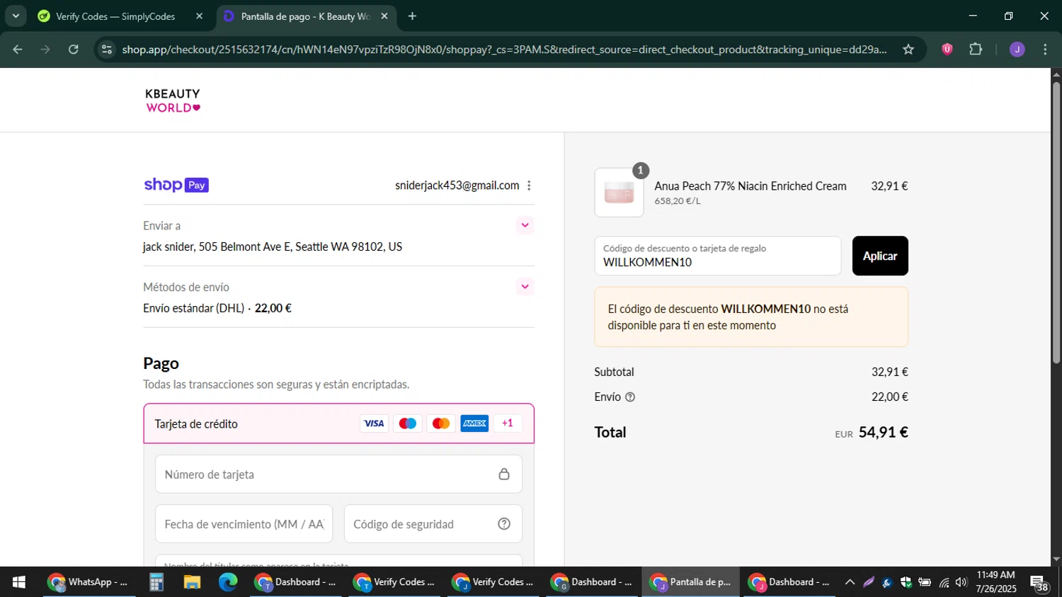 K Beauty World promo code screenshot showing code WILLKOMMEN10 applied at K Beauty World checkout page. Uploaded by SimplyCodes community member sniderjack453 on Jul 26, 2025