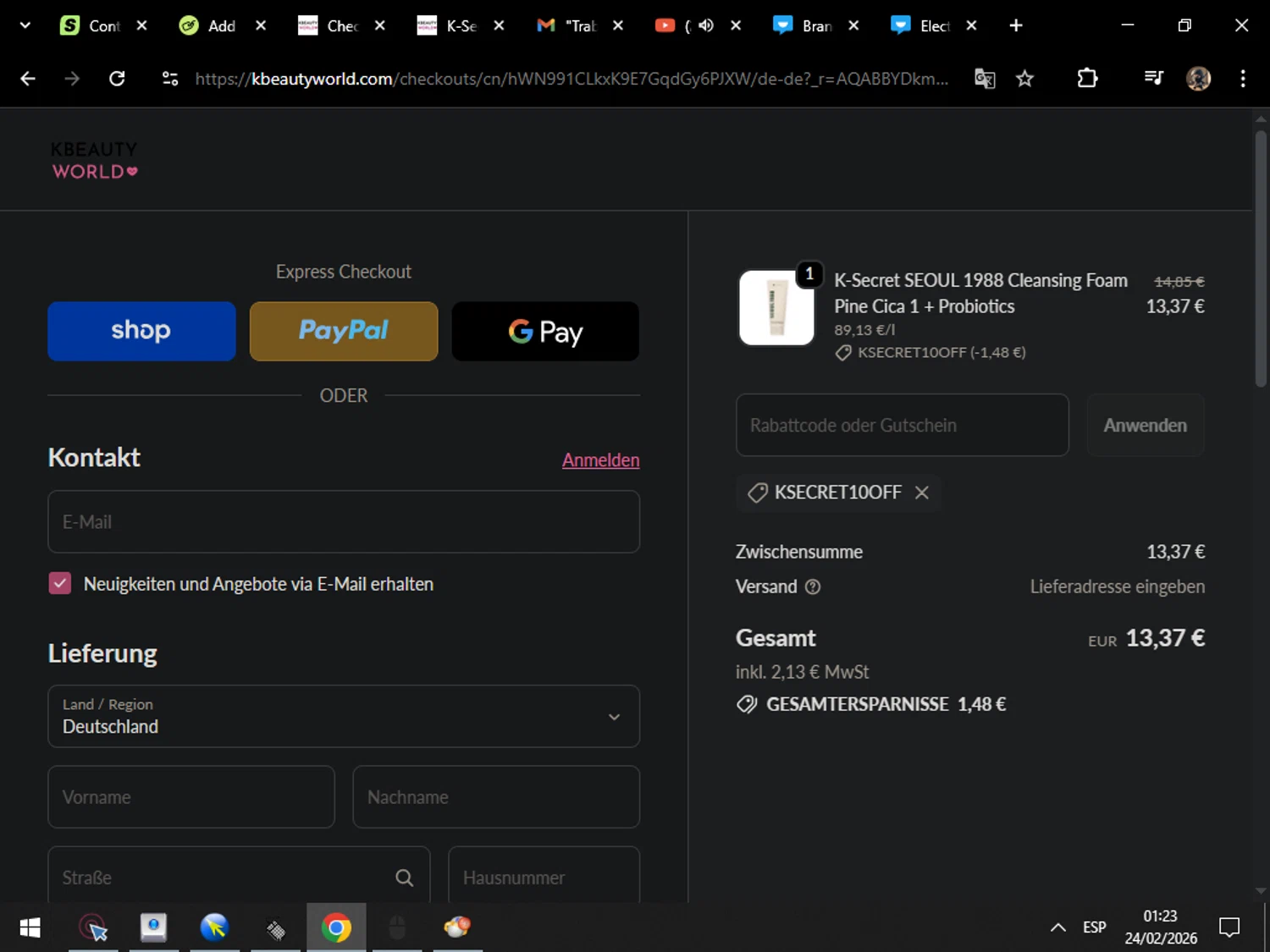 K Beauty World promo code screenshot showing code KSECRET10OFF applied at K Beauty World checkout page. Uploaded by SimplyCodes community member MarcosAranguren on Feb 24, 2026