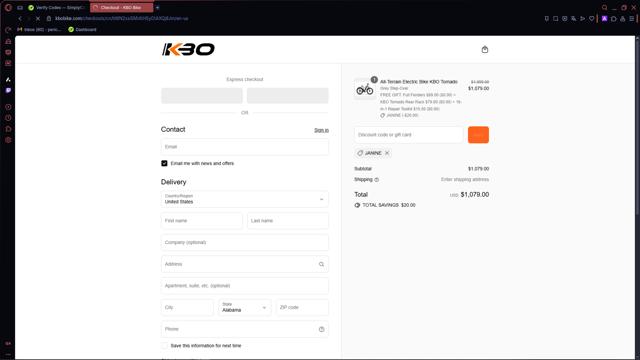 KBO Bike checkout page showing KBO Bike discount code box | Screenshot taken by SimplyCodes community member on Sep 14, 2025