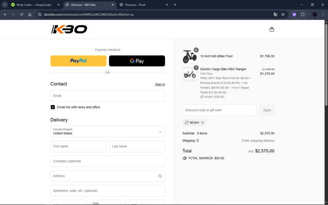 KBO Bike checkout page showing KBO Bike discount code box | Screenshot taken by SimplyCodes community member on Sep 14, 2025