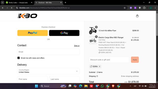 KBO Bike checkout page showing KBO Bike discount code box | Screenshot taken by SimplyCodes community member on Sep 14, 2025