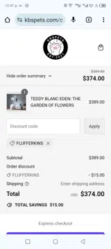 Flufferkins coupon verification screenshot