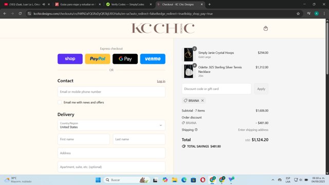 KC Chic Designs checkout page showing KC Chic Designs promo code box | Screenshot taken by SimplyCodes community member on Sep 4, 2025