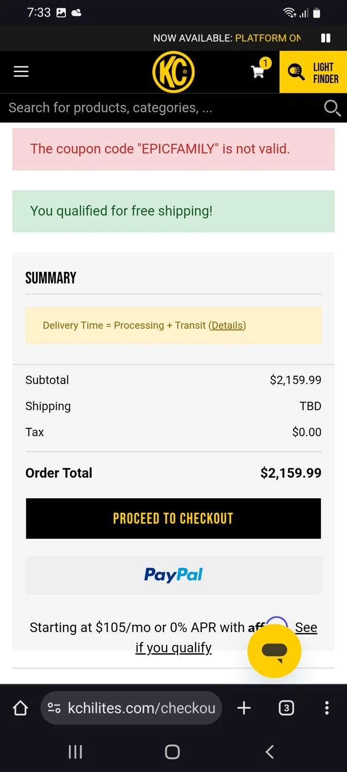 KC Hilites discount code screenshot showing code EPICFAMILY applied at KC Hilites checkout page. Uploaded by SimplyCodes community member tulioriera on Oct 11, 2025